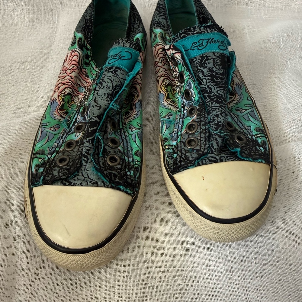 Ed Hardy Women's Teal and Black Graphic Sneakers